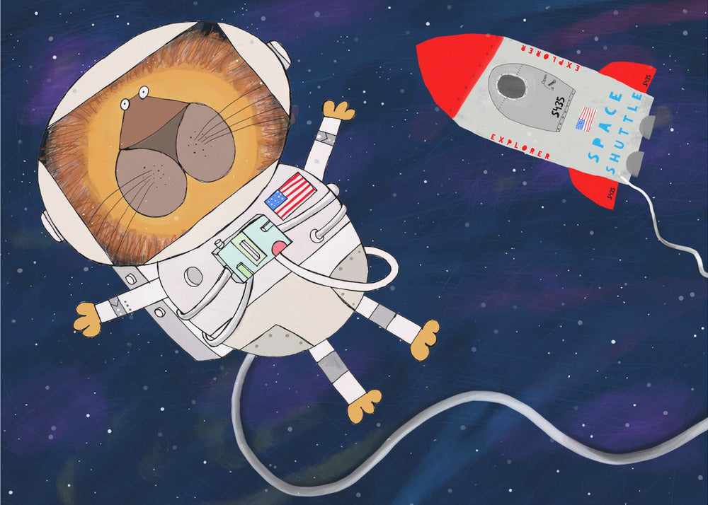 Funny Lion Astronaut is Swirling in Space by Artist Carla Daly - Poster / Art Print
