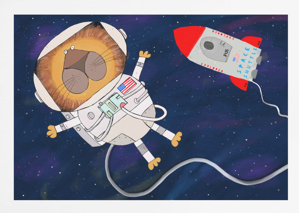 Funny Lion Astronaut is Swirling in Space by Artist Carla Daly - Poster / Art Print