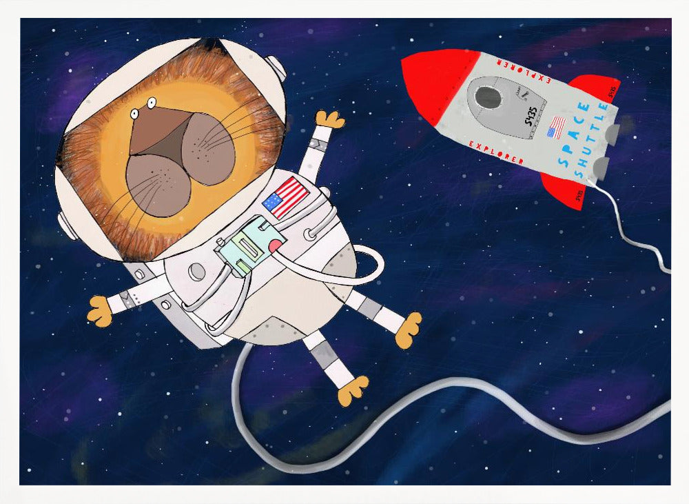 Funny Lion Astronaut is Swirling in Space by Artist Carla Daly - Poster / Art Print