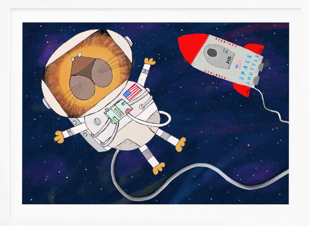 Funny Lion Astronaut is Swirling in Space by Artist Carla Daly - Poster / Art Print