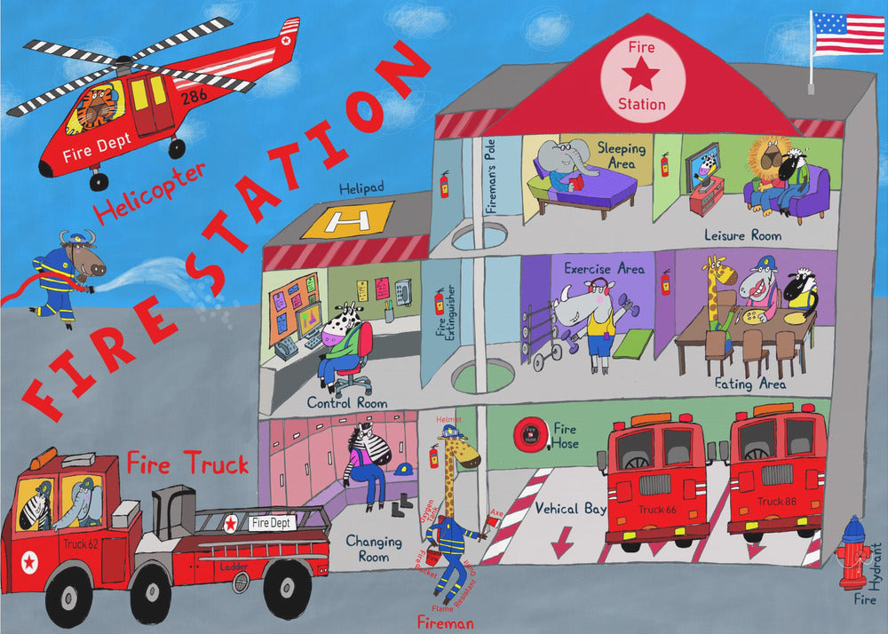 Firemen and the Fire Station by Artist Carla Daly - Poster / Art Print