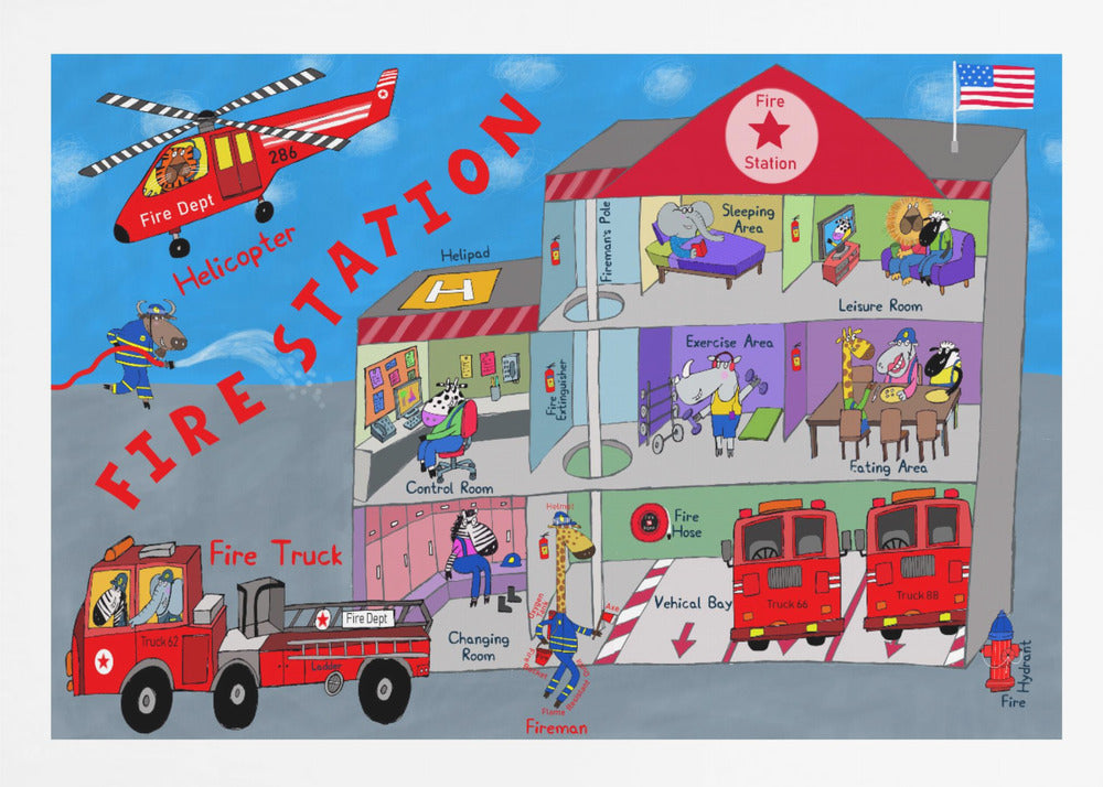 Firemen and the Fire Station by Artist Carla Daly - Poster / Art Print