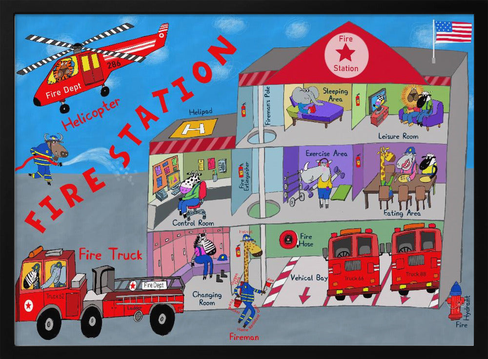 Firemen and the Fire Station by Artist Carla Daly - Poster / Art Print