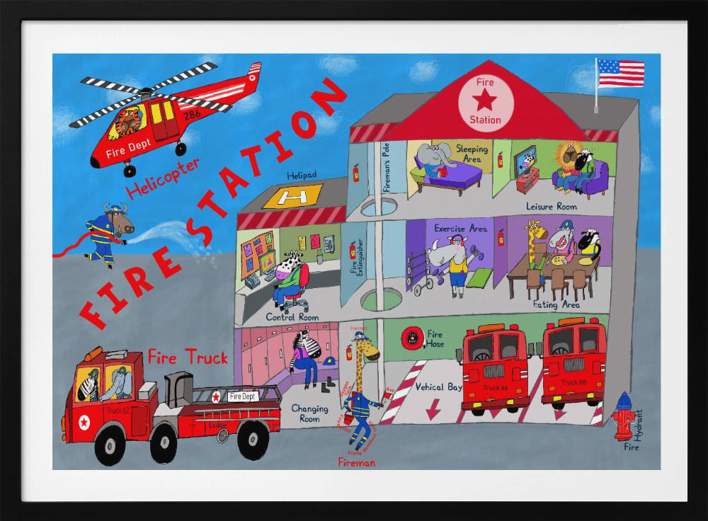 Firemen and the Fire Station by Artist Carla Daly - Poster / Art Print