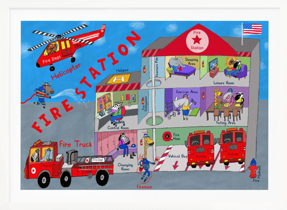 Firemen and the Fire Station by Artist Carla Daly - Poster / Art Print