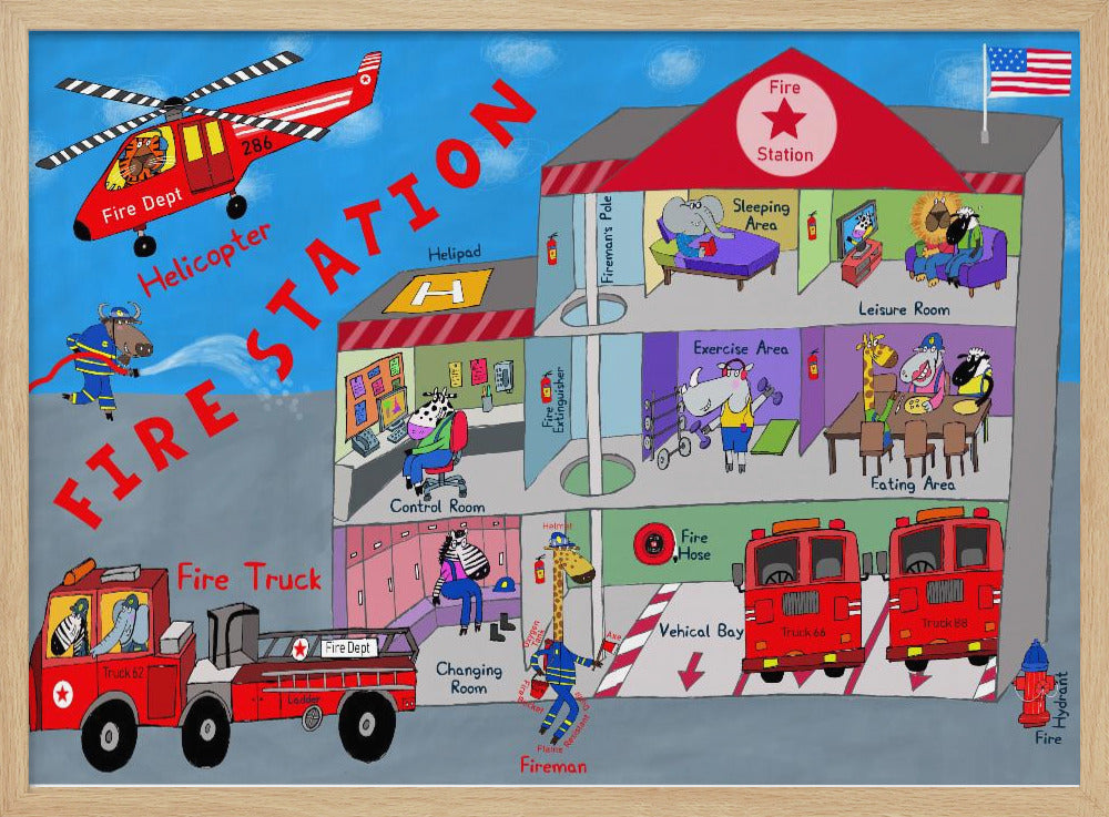 Firemen and the Fire Station by Artist Carla Daly - Poster / Art Print