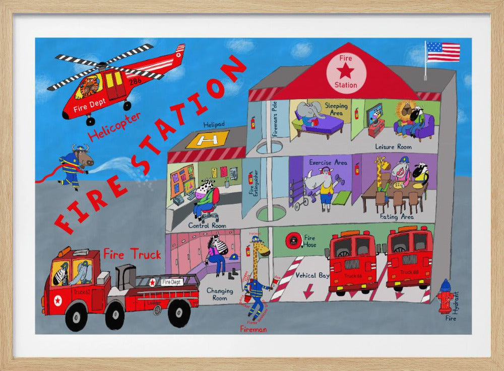 Firemen and the Fire Station by Artist Carla Daly - Poster / Art Print