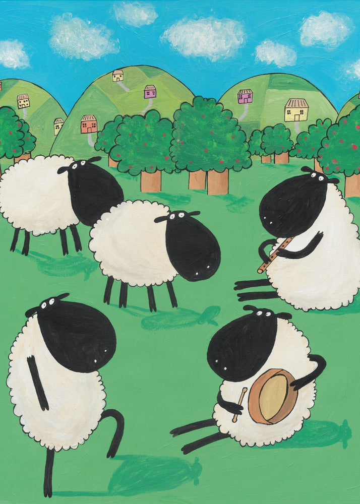 Funny Sheep Dancing in a Green Field by Artist Carla Daly - Poster / Art Print