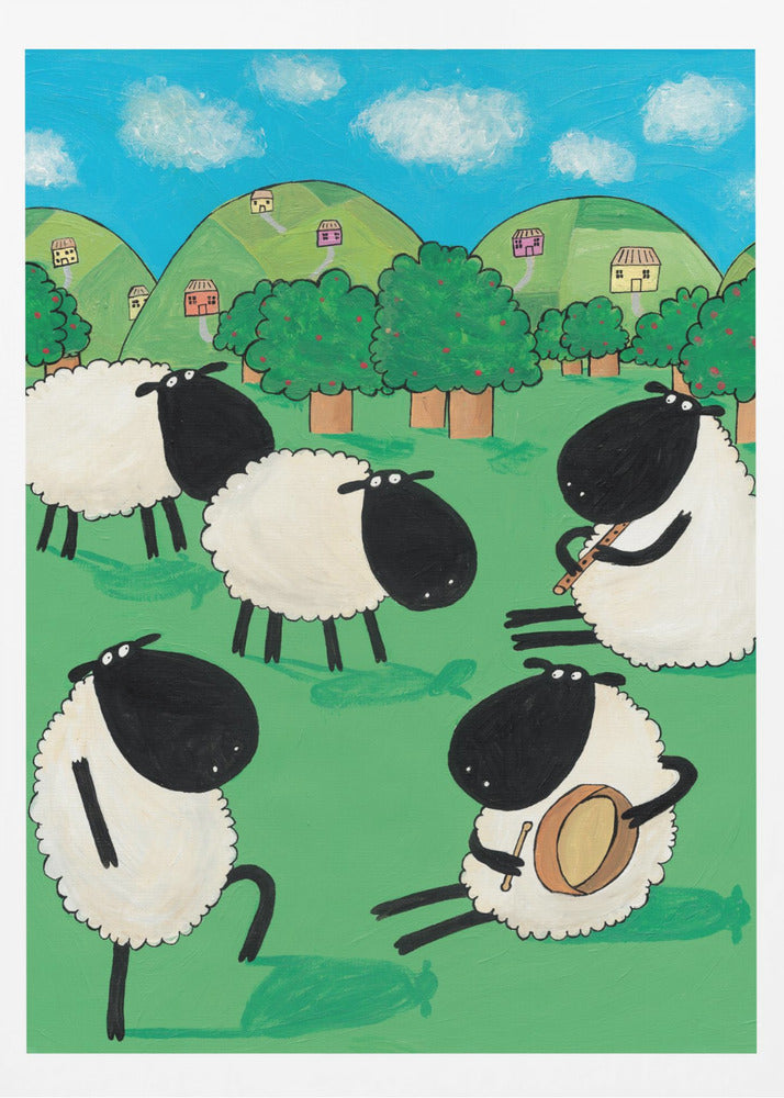 Funny Sheep Dancing in a Green Field by Artist Carla Daly - Poster / Art Print
