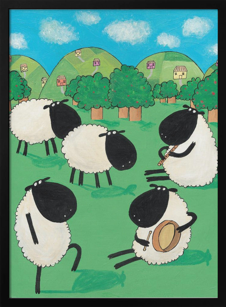 Funny Sheep Dancing in a Green Field by Artist Carla Daly - Poster / Art Print