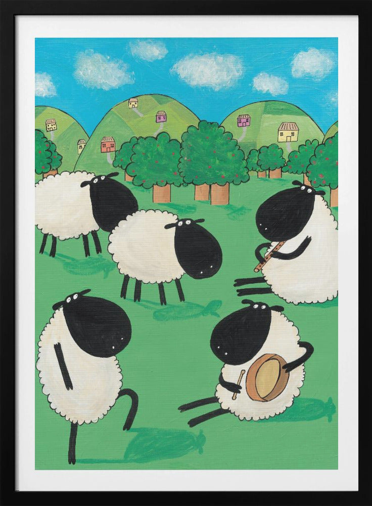 Funny Sheep Dancing in a Green Field by Artist Carla Daly - Poster / Art Print