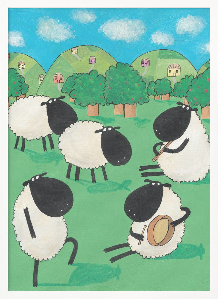Funny Sheep Dancing in a Green Field by Artist Carla Daly - Poster / Art Print