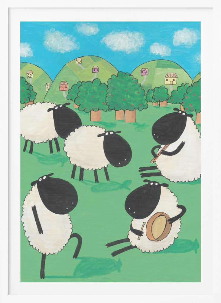 Funny Sheep Dancing in a Green Field by Artist Carla Daly - Poster / Art Print
