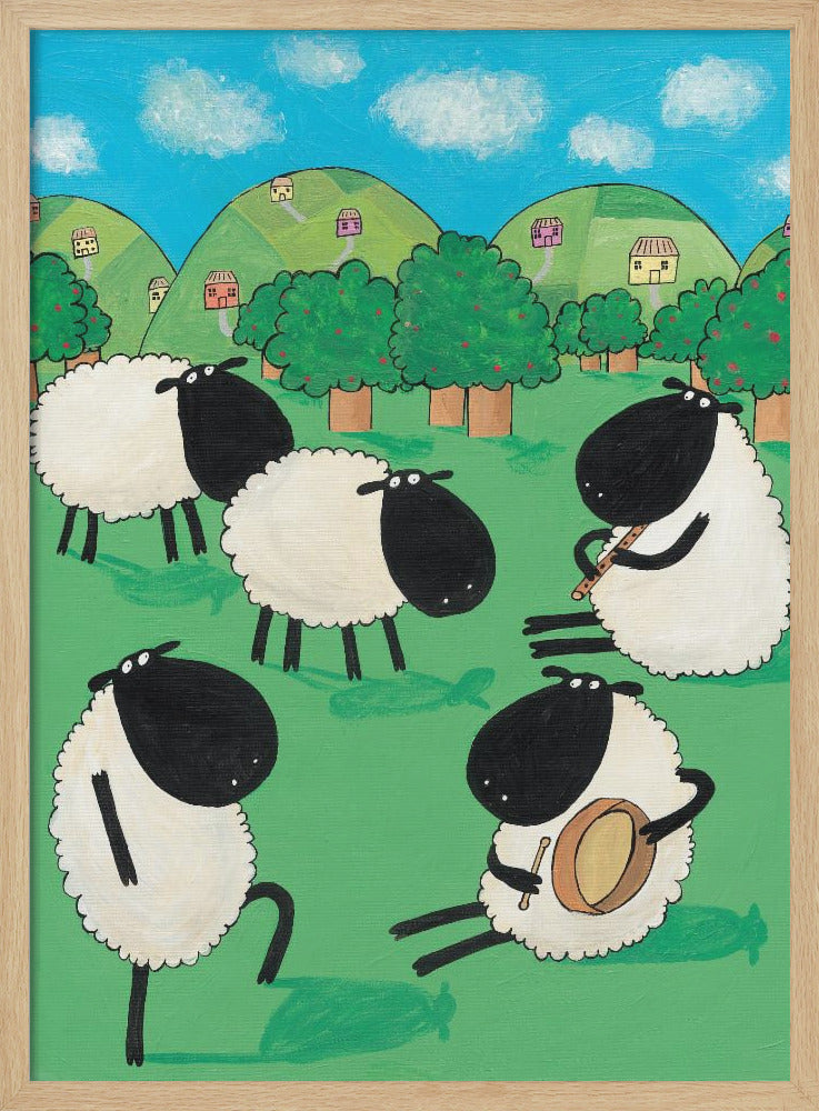 Funny Sheep Dancing in a Green Field by Artist Carla Daly - Poster / Art Print