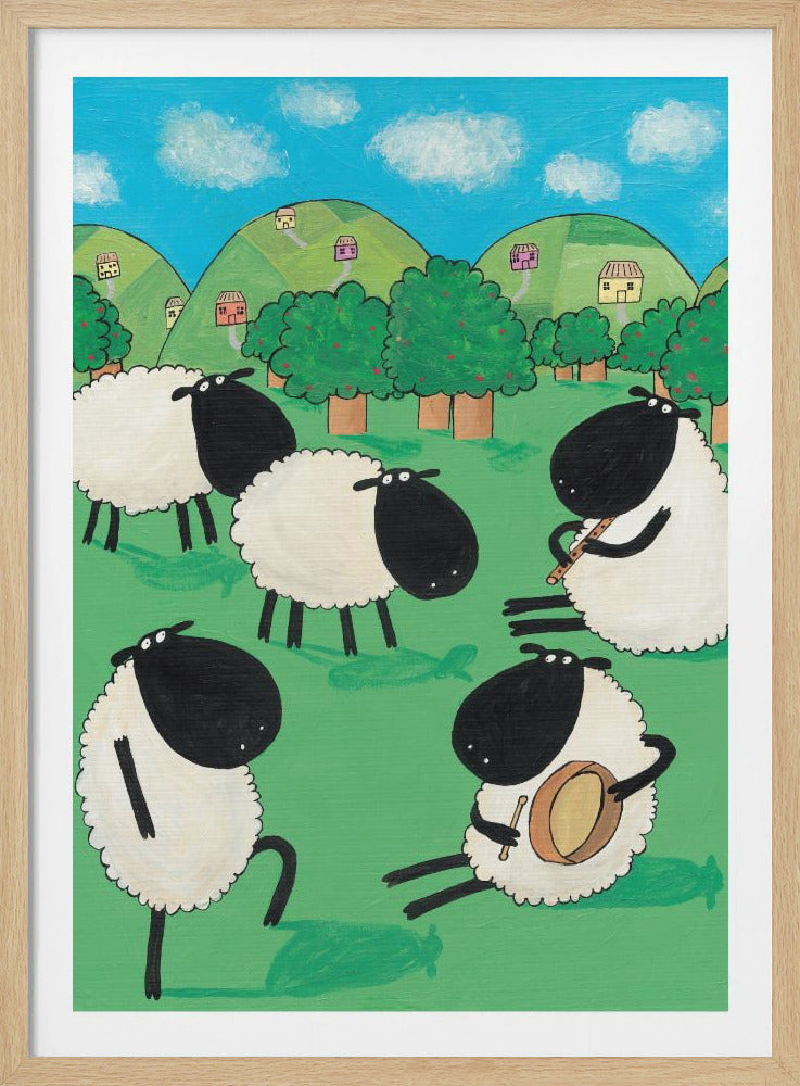 Funny Sheep Dancing in a Green Field by Artist Carla Daly - Poster / Art Print