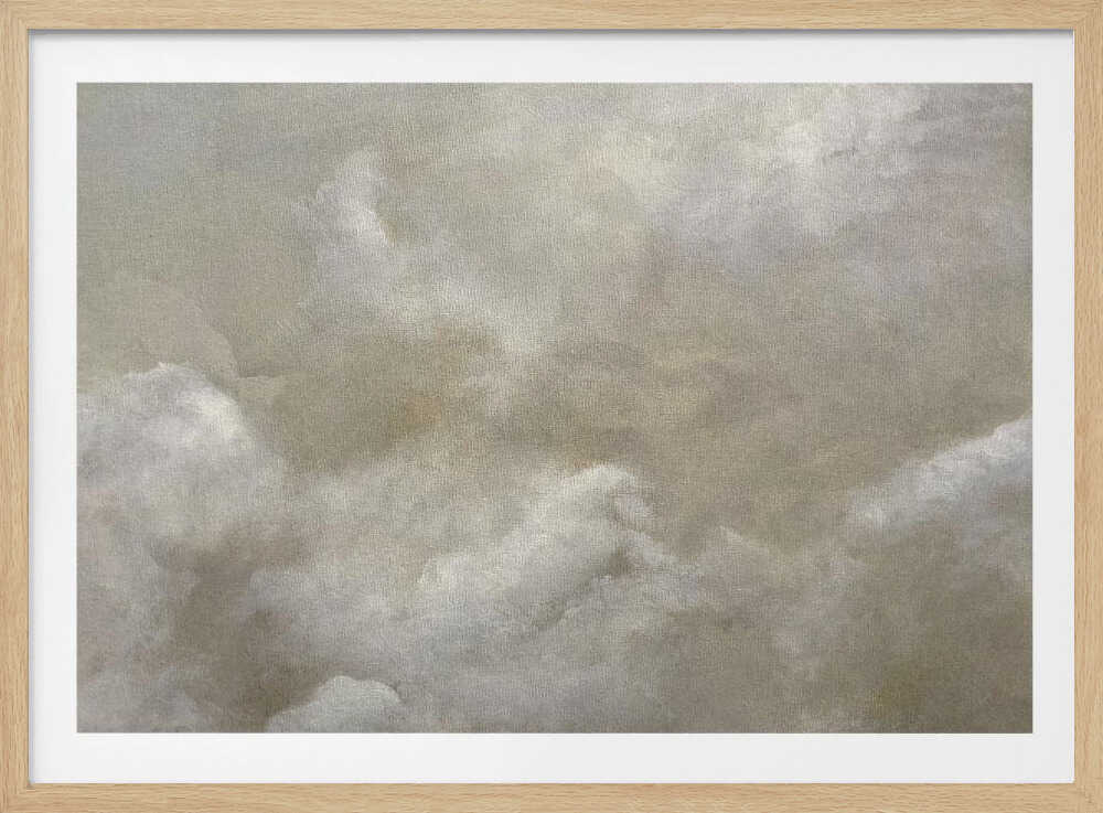 A vintage-style oil painting of fluffy white and grey clouds against a beige sky, enclosed in a silver frame.