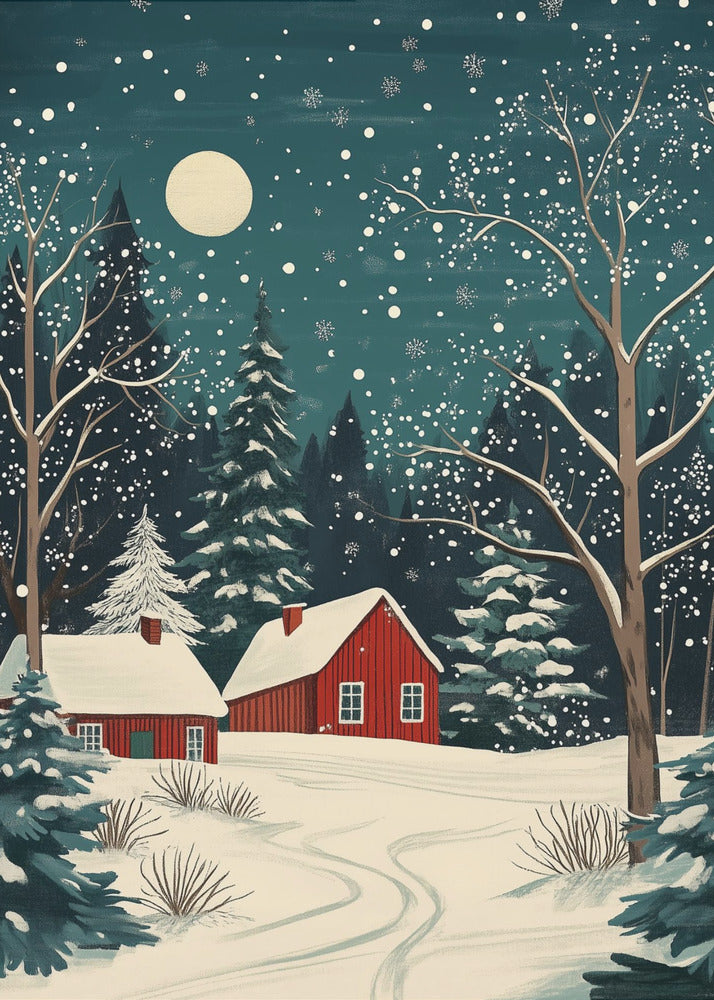 Red Houses and Snowy night sky - Poster / Art Print