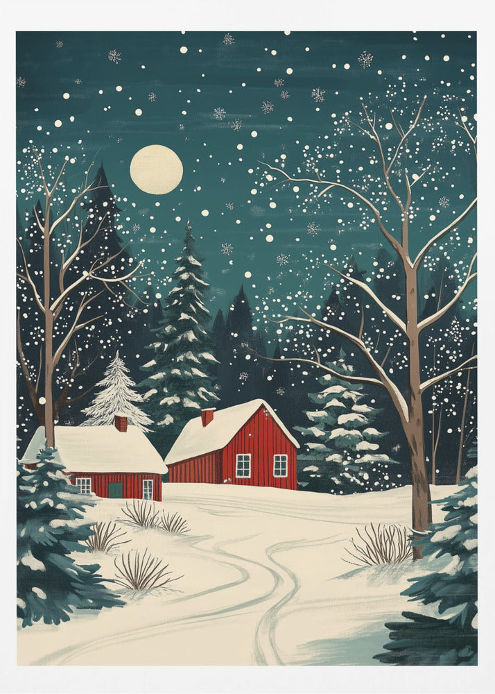 Red Houses and Snowy night sky - Poster / Art Print