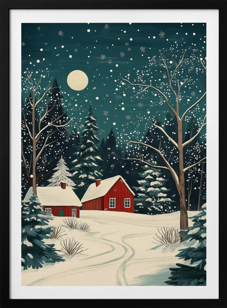 Red Houses and Snowy night sky - Poster / Art Print