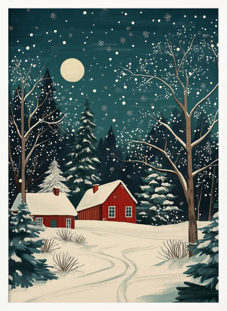 Red Houses and Snowy night sky - Poster / Art Print