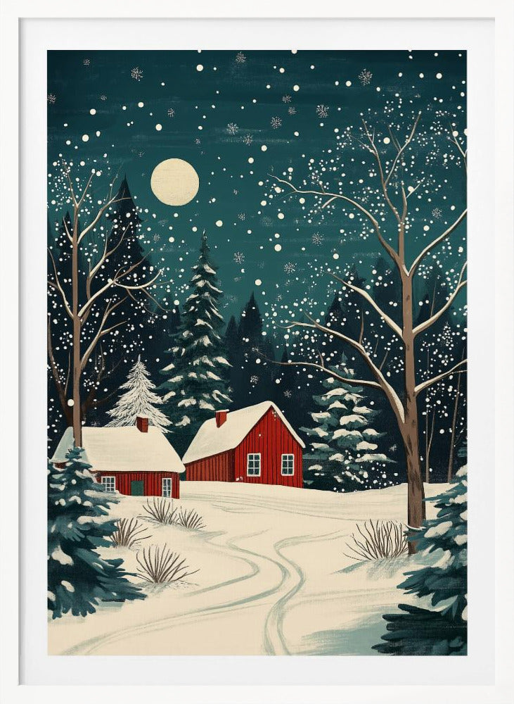 Red Houses and Snowy night sky - Poster / Art Print
