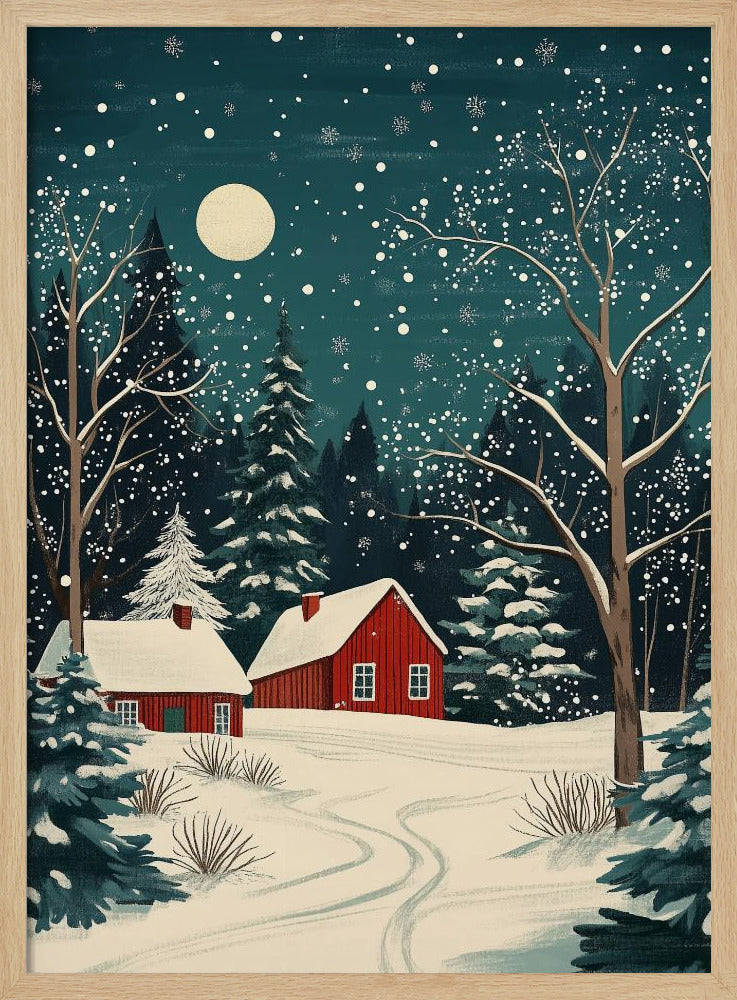 Red Houses and Snowy night sky - Poster / Art Print