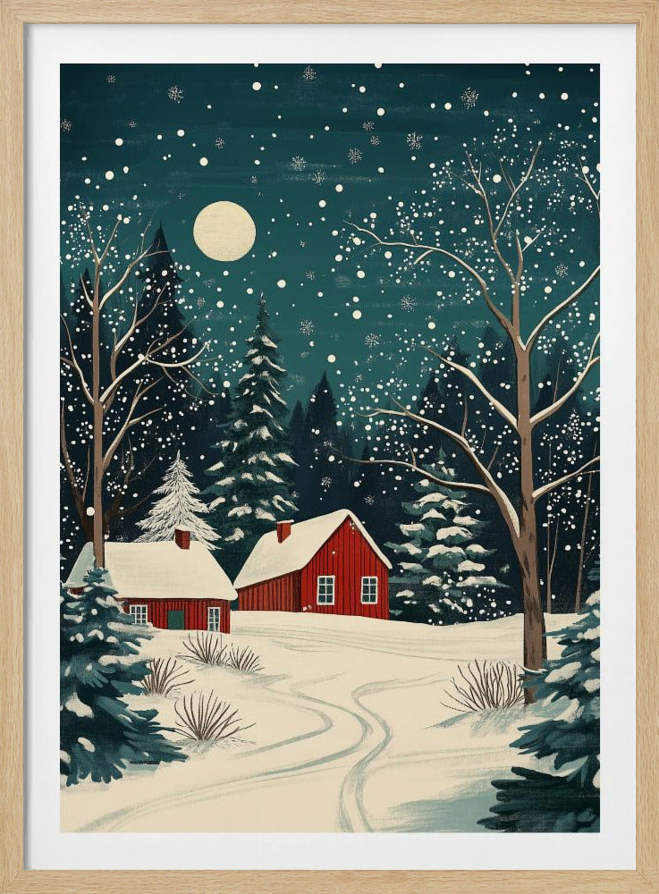 Red Houses and Snowy night sky - Poster / Art Print