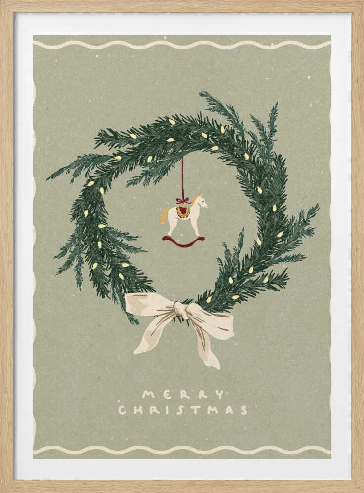 Vintage Christmas poster with an illustrated wreath, rocking horse ornament, and a cream bow on a sage green background.