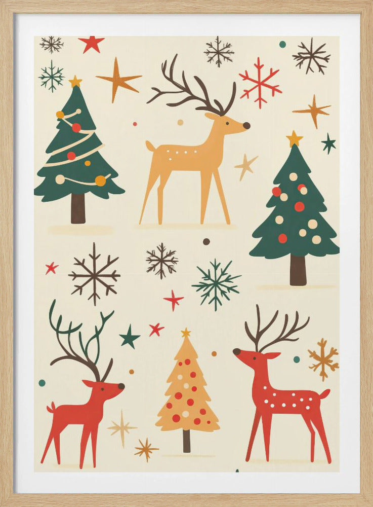 A retro-style holiday illustration featuring stylized red and tan reindeer, green and yellow Christmas trees, and various colorful snowflakes and stars scattered across a cream background. Artwork