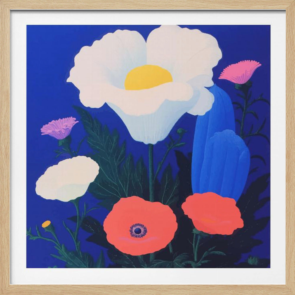 A vibrant, stylized painting of a bouquet of colorful poppies against a solid, deep blue background, enclosed in a light wood frame. The central flower is a large white poppy with a bright yellow center, surrounded by smaller red, pink, and white poppies, along with dark green leaves. Artwork