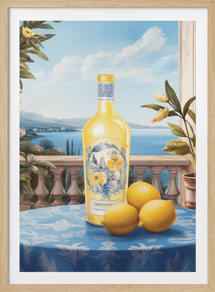 A vintage-style painting of a bottle of limoncello and three fresh lemons on a blue patterned tablecloth. The scene is set on a balcony with a stone balustrade, overlooking a serene blue sea and a picturesque coastal town under a bright sky. Poster