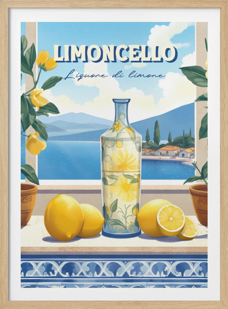 A vintage-style art print advertising Limoncello. A decorative bottle and fresh lemons sit on a tiled ledge overlooking a scenic Italian coastal village and blue sea, framed by lemon branches. Artwork