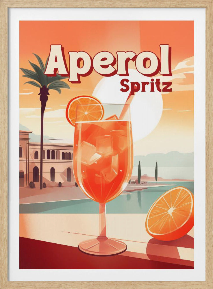 A vintage-style travel poster advertising Aperol Spritz. A large, inviting glass of the bright orange cocktail filled with ice and garnished with an orange slice sits in the foreground. The background features a sunny, idyllic Mediterranean scene with a palm tree, classic buildings, and a serene body of water under a large, pale sun. Wall Art
