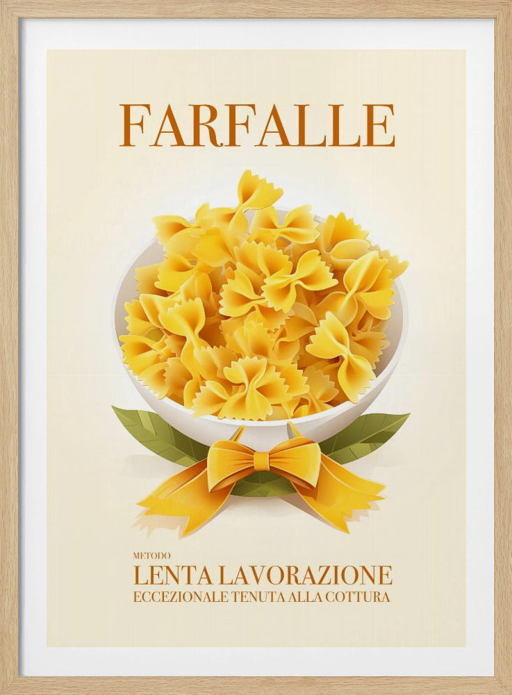 A vintage-style Italian food poster for farfalle pasta. The artwork features a full white bowl of yellow bow-tie pasta on a cream background, with green leaves and a yellow ribbon tied in a bow at its base. The word 'FARFALLE' is printed at the top in orange. Wall Art
