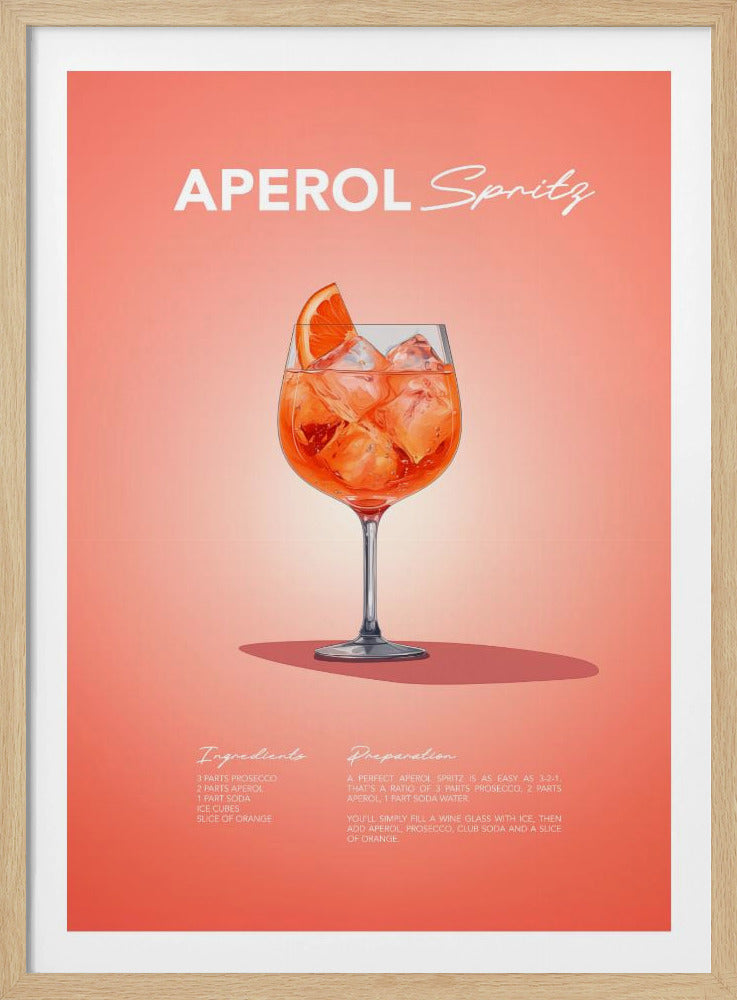 A minimalist art poster for an Aperol Spritz cocktail, featuring a detailed illustration of the vibrant orange drink in a wine glass, garnished with an orange slice. The poster has a salmon-pink background with the recipe's ingredients and preparation instructions at the bottom in a stylized white font. Print