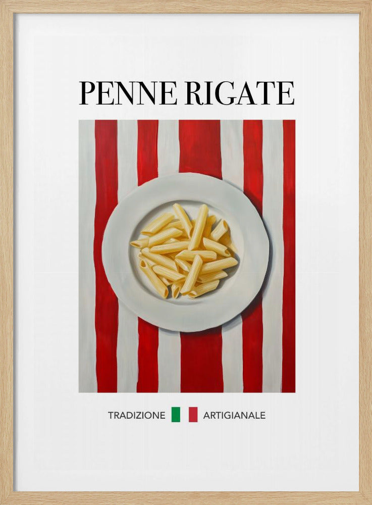 A framed art print featuring a painted illustration of a white plate of penne rigate pasta. The plate is centered on a background of bold red and white vertical stripes. At the top, the words 'PENNE RIGATE' are printed in a black serif font. At the bottom, the Italian words 'TRADIZIONE' and 'ARTIGIANALE' are shown with small green and red squares, evoking the Italian flag. Artwork