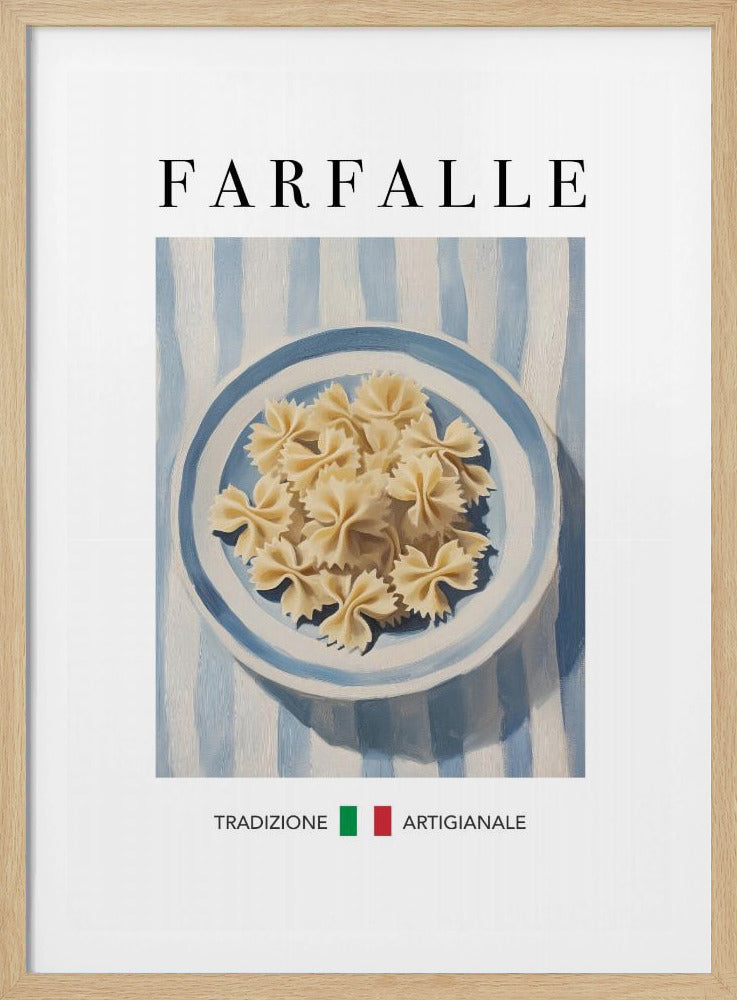 A vintage-style art print featuring a painted blue and white bowl of uncooked farfalle pasta. The bowl sits on a blue and white striped tablecloth. The word 'FARFALLE' is written in a large serif font at the top, and the Italian words 'TRADIZIONE ARTIGIANALE' are at the bottom, separated by green and red squares resembling the Italian flag. The artwork is enclosed in a thin black frame. Poster