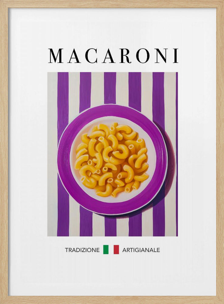 A framed art print of a modern painting depicting a purple plate of macaroni pasta. The plate is centered on a background of bold purple and white vertical stripes. The word 'MACARONI' is written in a large, black serif font at the top. At the bottom, the words 'TRADIZIONE' and 'ARTIGIANALE' are separated by a small Italian flag. Poster