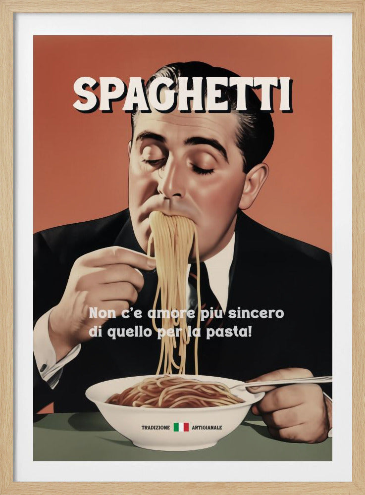 A vintage-style illustrated poster of a man in a suit with his eyes closed, blissfully eating a large mouthful of spaghetti from a white bowl. The word 'SPAGHETTI' is at the top, and Italian text is written over the bowl against a salmon-colored background. Print