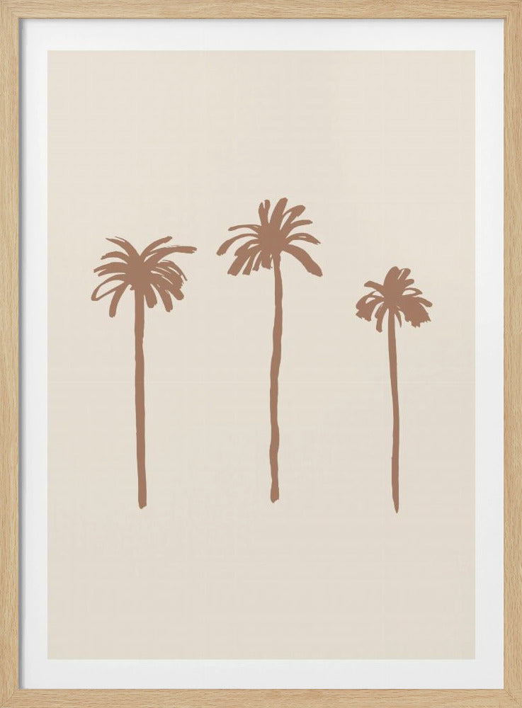 A minimalist art print in a black frame featuring three stylized brown palm trees against a light beige background. The trees are depicted with simple, long trunks and expressive fronds, creating a serene and tropical feel. Poster