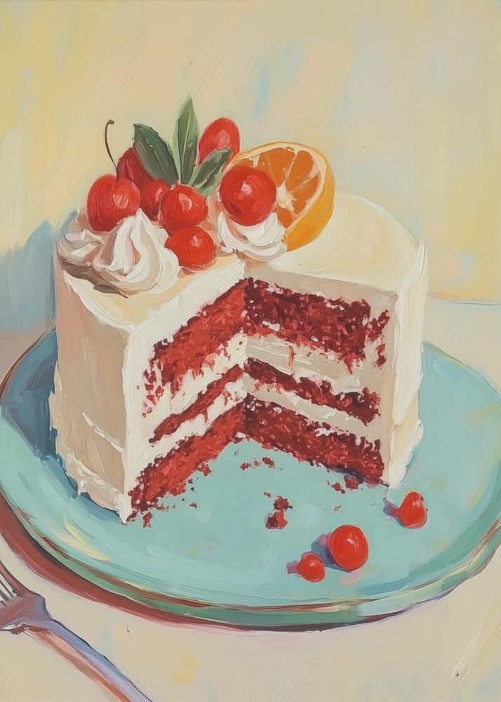 Red Velvet Cake with Fresh Fruit Toppings - Poster / Art Print
