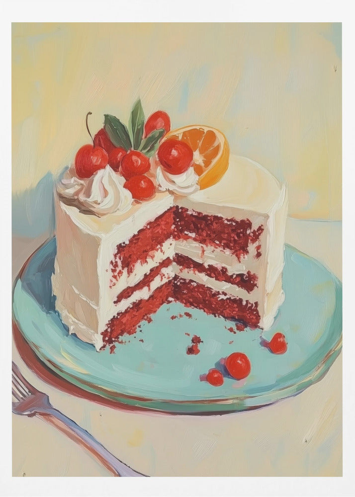 Red Velvet Cake with Fresh Fruit Toppings - Poster / Art Print