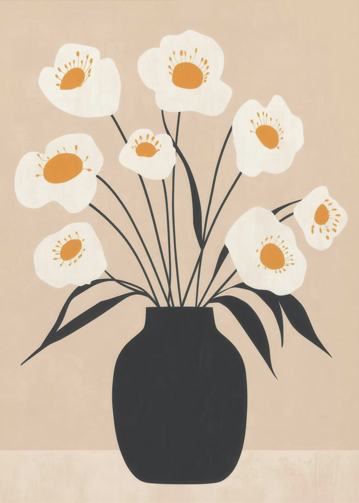 White Flowers in Black Vase - Poster / Art Print