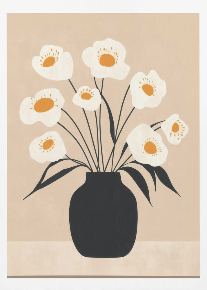 White Flowers in Black Vase - Poster / Art Print