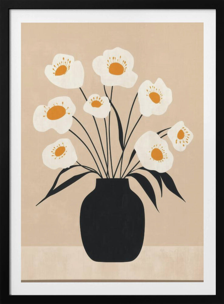 White Flowers in Black Vase - Poster / Art Print