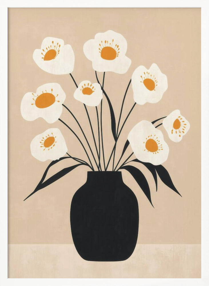 White Flowers in Black Vase - Poster / Art Print