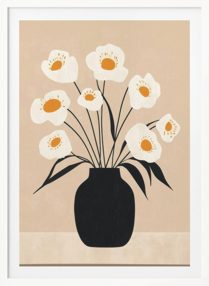 White Flowers in Black Vase - Poster / Art Print