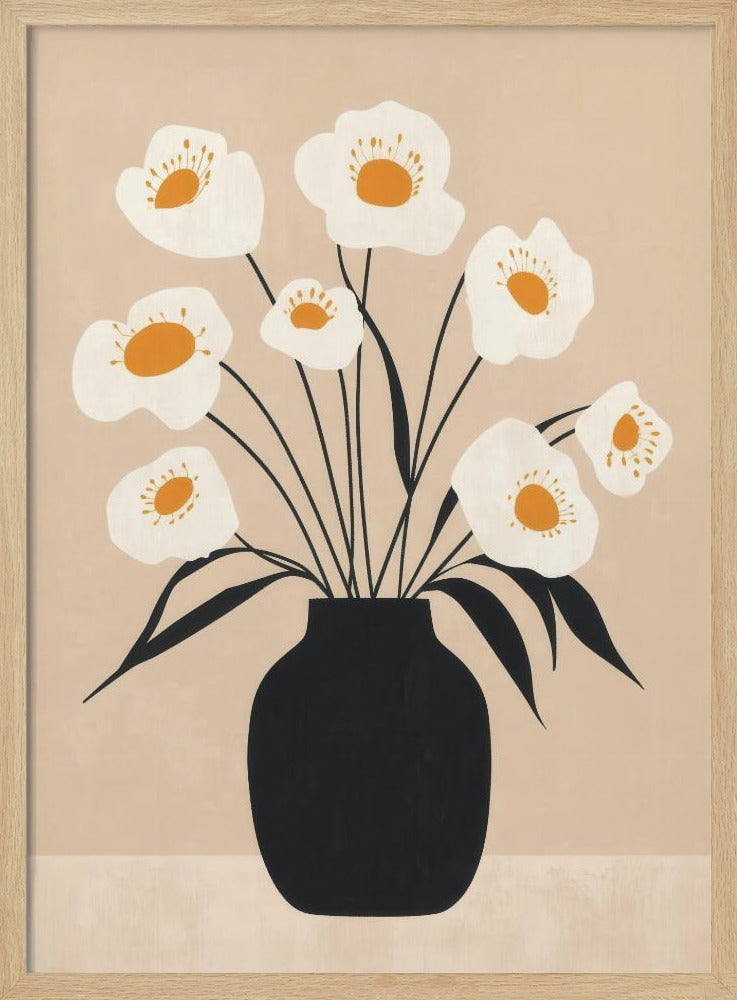 White Flowers in Black Vase - Poster / Art Print