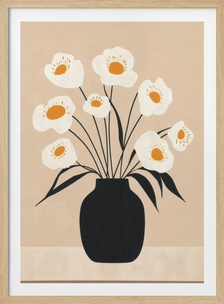 White Flowers in Black Vase - Poster / Art Print