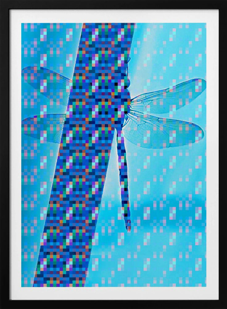Dragonfly Silhouette with Vibrant Pixel Patterns - Poster / Art Print